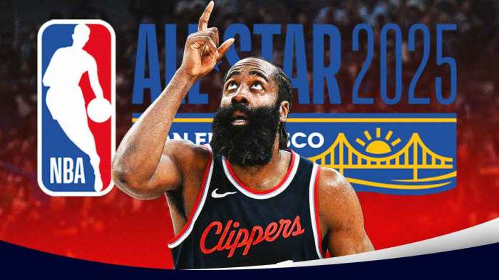 LA Clippers player James Harden with the 2025 NBA All-Star logo in the background, Game