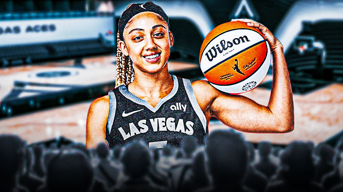 WNBA player Elena Tsineke in a Las Vegas Aces jersey with the Aces arena in the background, roster signing