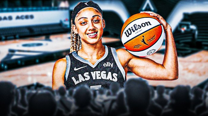 WNBA player Elena Tsineke in a Las Vegas Aces jersey with the Aces arena in the background, roster signing