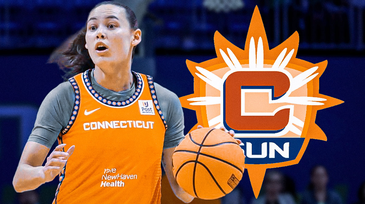 WNBA player Abbey Hsu in a Connecticut Sun jersey with the Connecticut Sun logo in the background draft pick roster