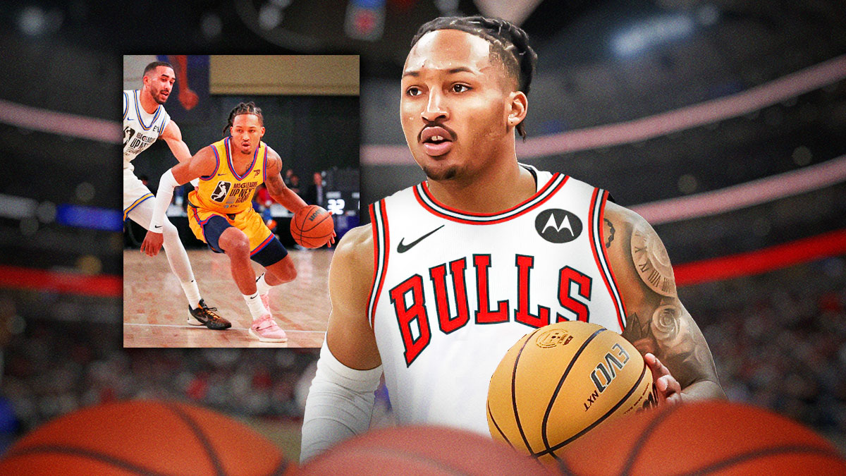 Basketball player Jahmir Young in a Chicago Bulls jersey with the Chicago Bulls arena in the background, two-way contract roster