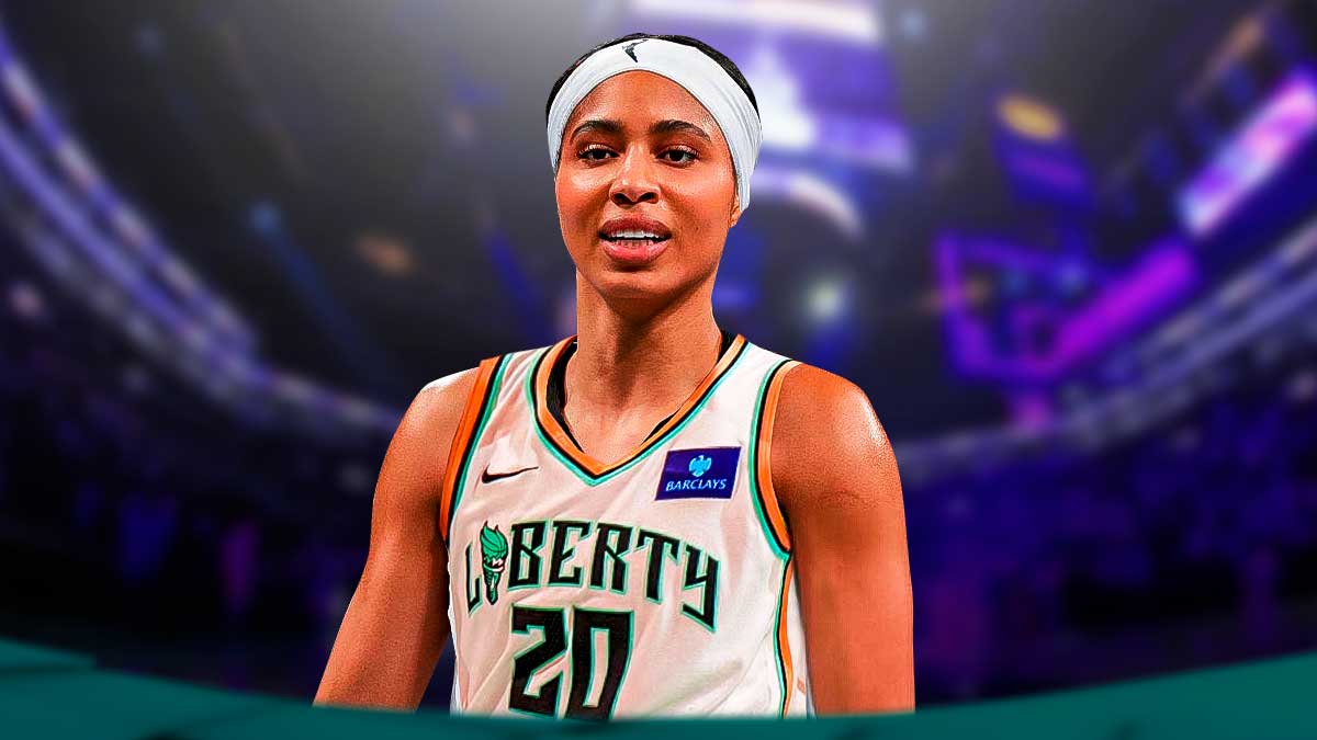 WNBA player Isabelle Harrison in a New York Liberty jersey with the NY Liberty arena in the background, roster free agency