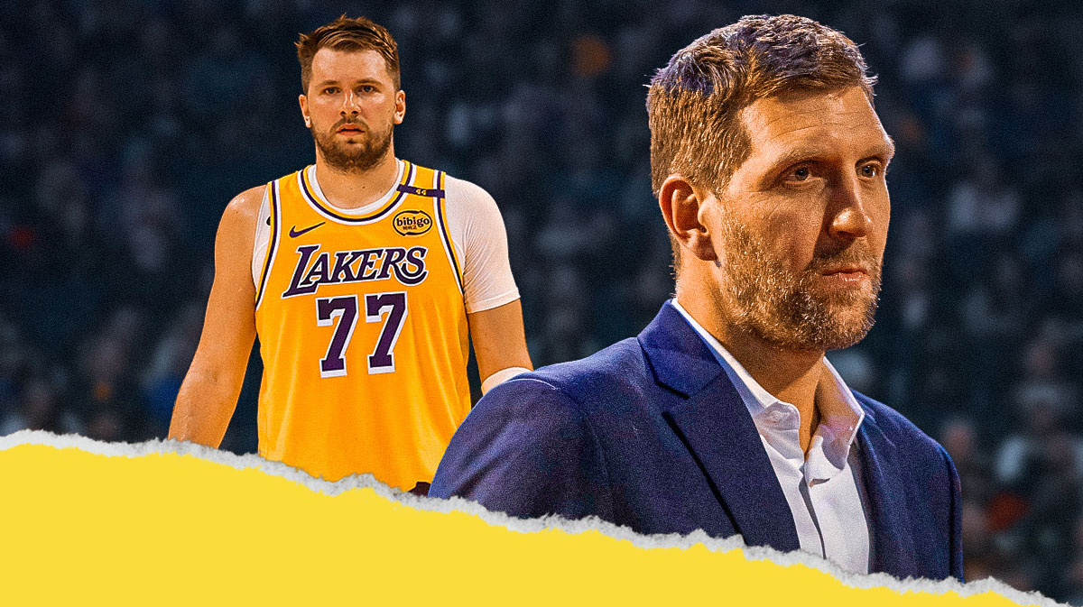 LA Lakers player Luka Doncic alongside a recent/current image of former NBA player Dirk Nowitzki, Mavericks trade