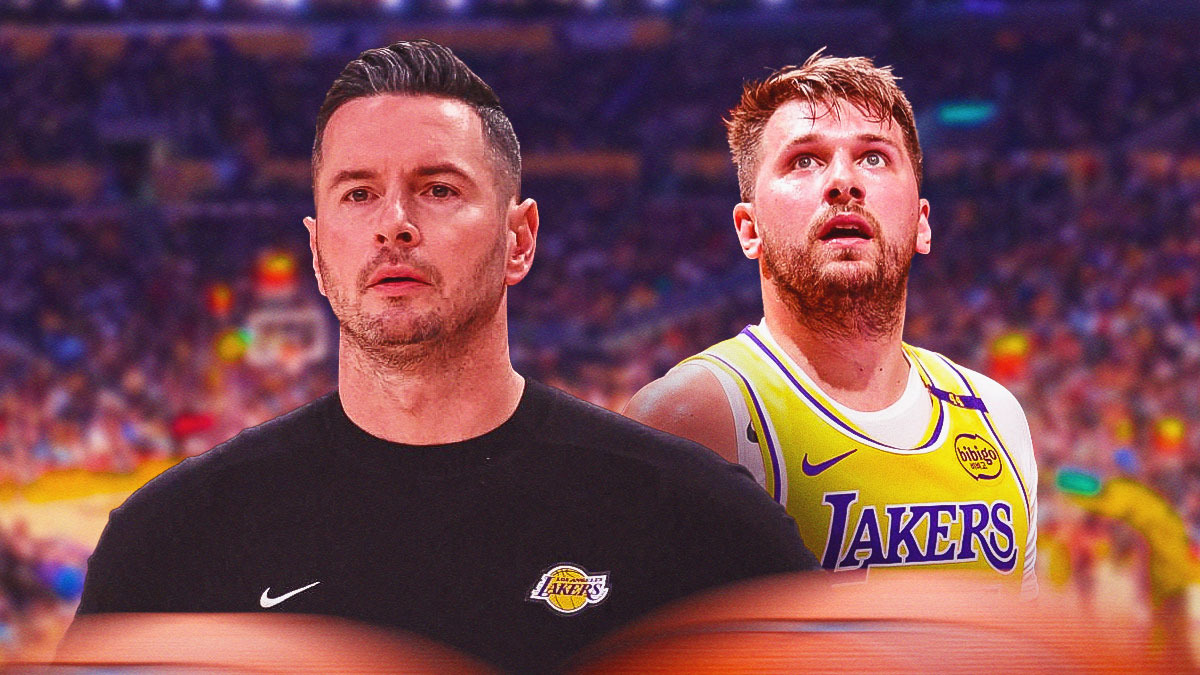 LA Lakers coach JJ Redick alongside LA Lakers player Luka Doncic, Nuggets