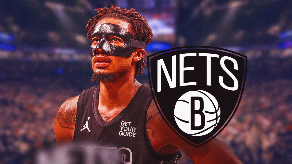 Brooklyn Nets player Nic Claxton with the Brooklyn Nets logo in the background, 76ers game-winner