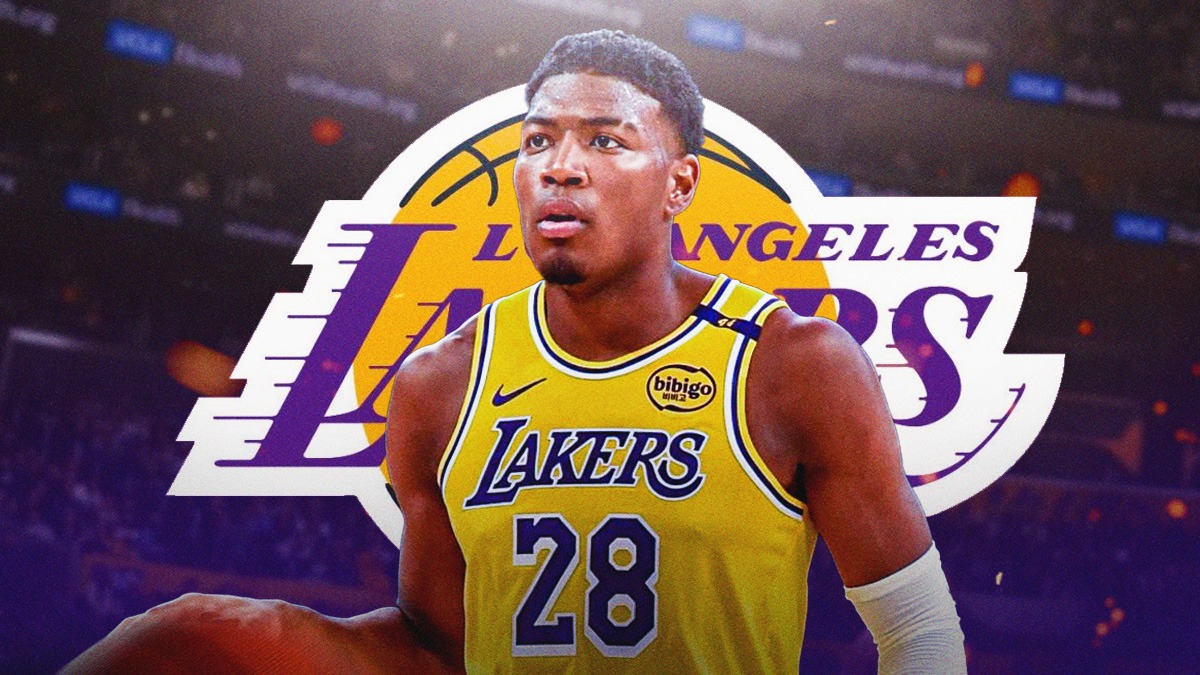 LA Lakers player Rui Hachimura with the Lakers logo in the background, injury Nuggets