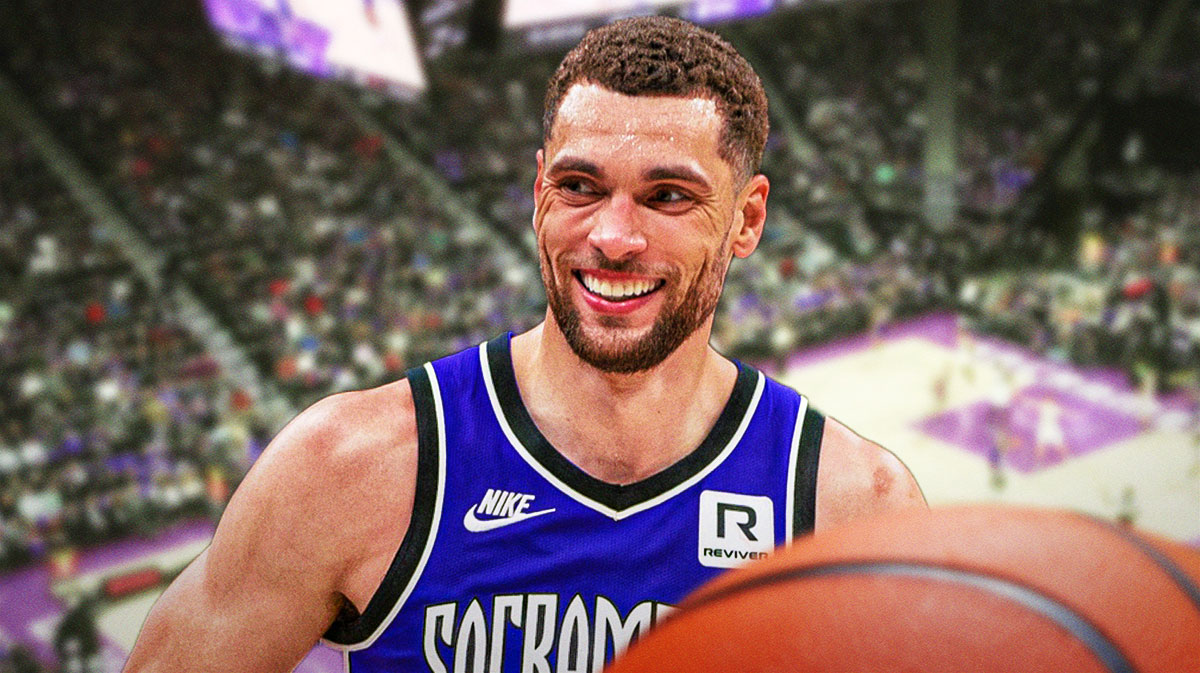 Sacramento Kings player Zach LaVine with the Sacramento Kings arena in the background, NBA history 42 points