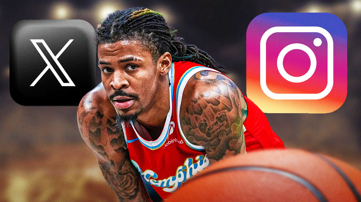 Memphis Grizzlies player Ja Morant with the X/Twitter and Instagram logos in the background