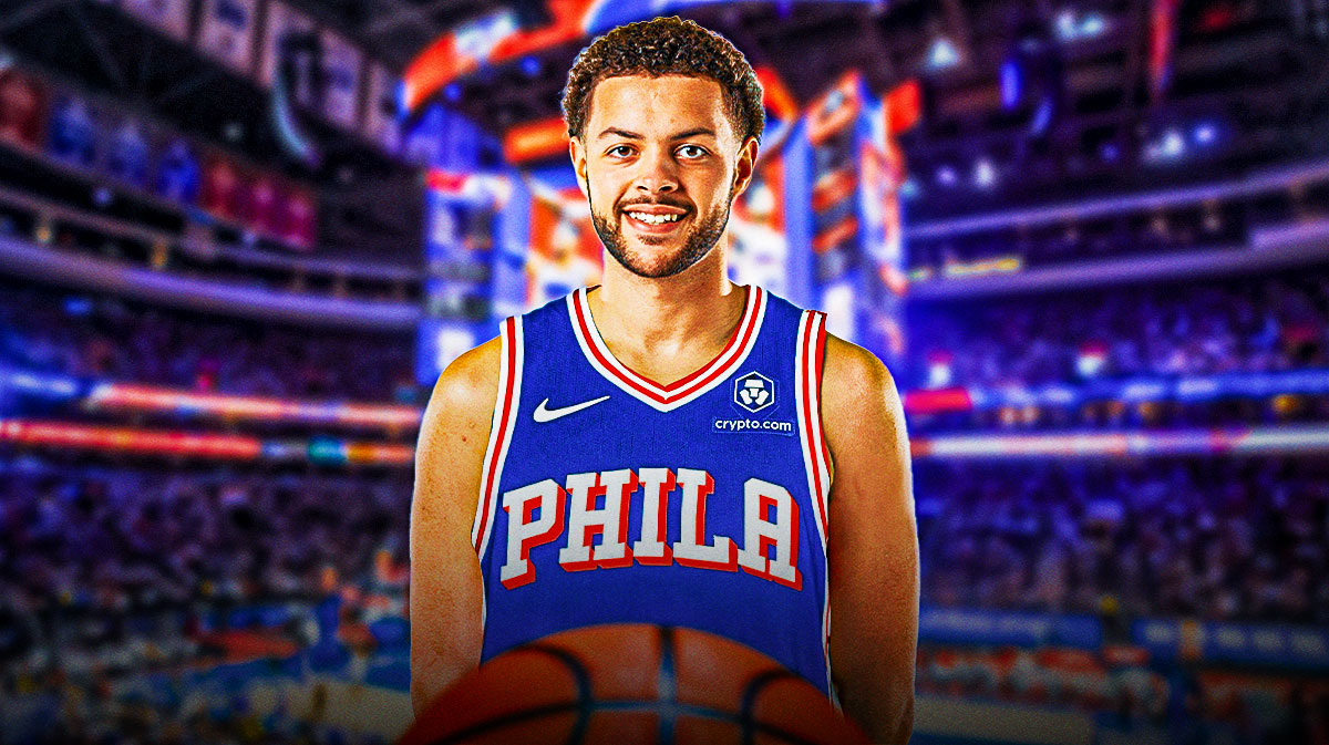 NBA player Alex Reese in a Philadelphia 76ers jersey with the 76ers arena in the background, two-way contract roster