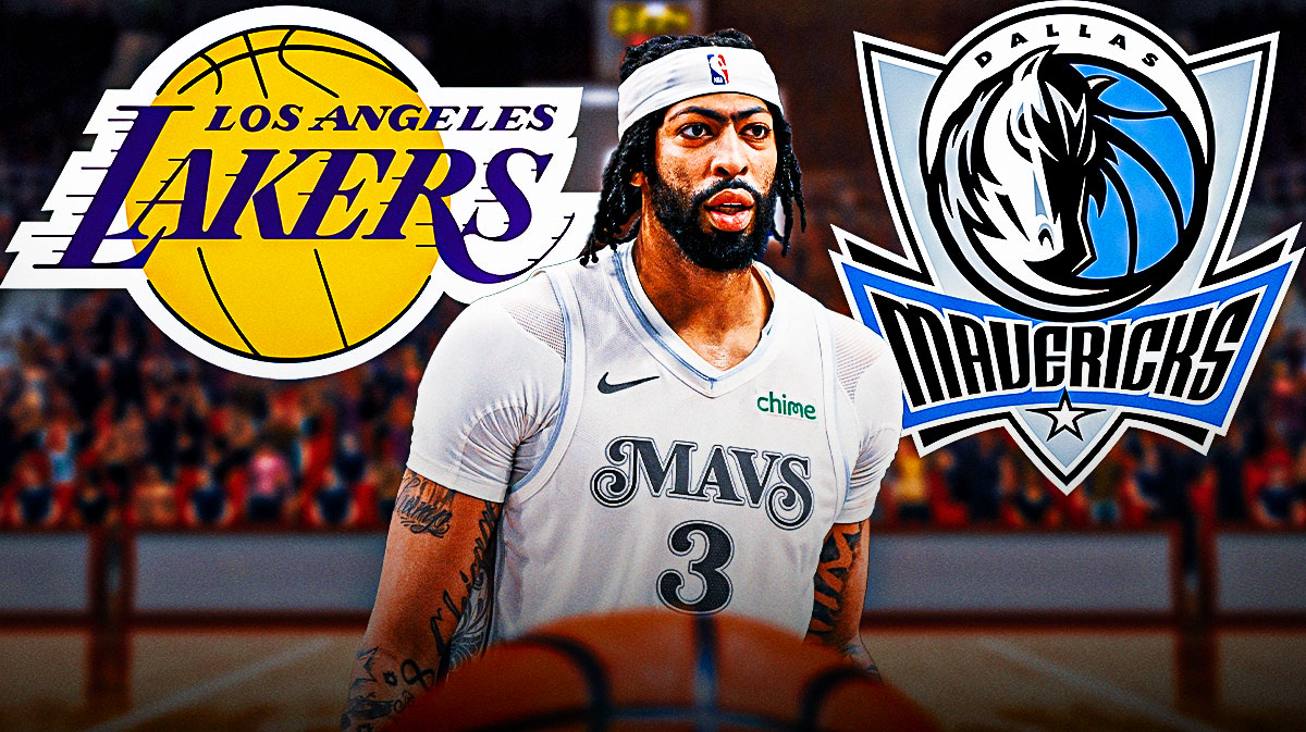 Dallas Mavericks player Anthony Davis with the Dallas Mavericks and LA Lakers logos in the background, workout fans