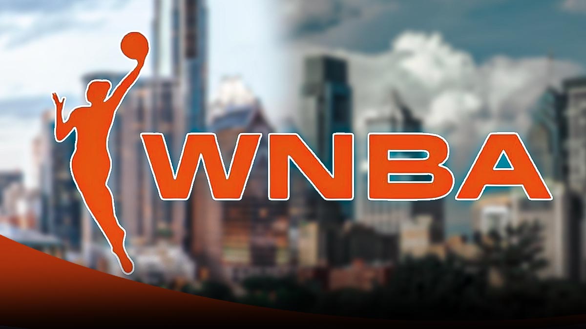 A split image of the Houston, Texas skyline and the Philadelphia, Pennsylvania skyline, with the WNBA logo over it