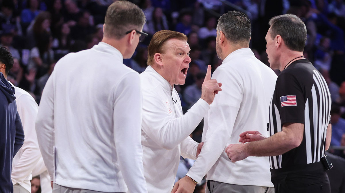 Illinois Fighting Illini head coach Brad Underwood argues with an official in the first half against the Duke Blue Devils at Madison Square Garden.