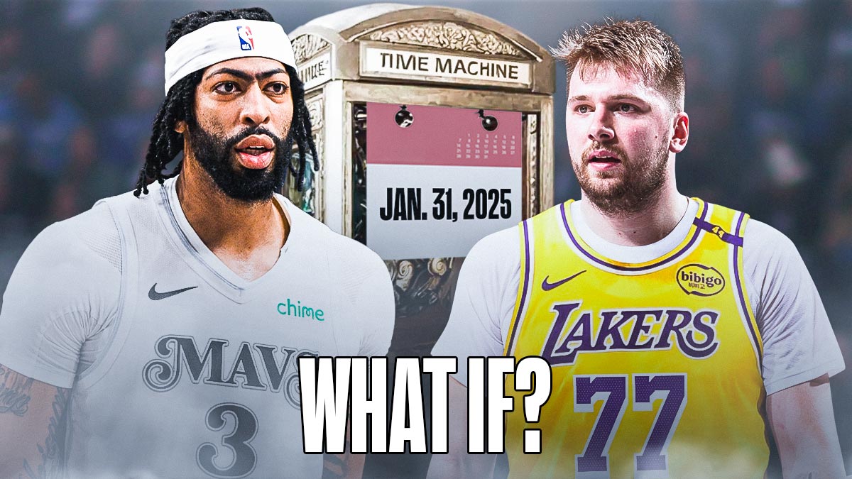 Luka Doncic in Lakers uniform and Anthony Davis in Mavericks uniform, with time machine behind them, January 31, 2024 on the calendar, with caption below: WHAT IF?