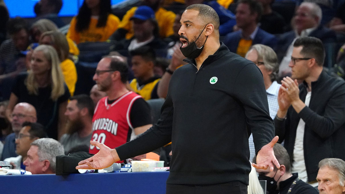 Boston Celtics head coach Ime Udoka reacts from the sideline during the first half in game five of the 2022 NBA Finals against the Golden State Warriors at Chase Center. 