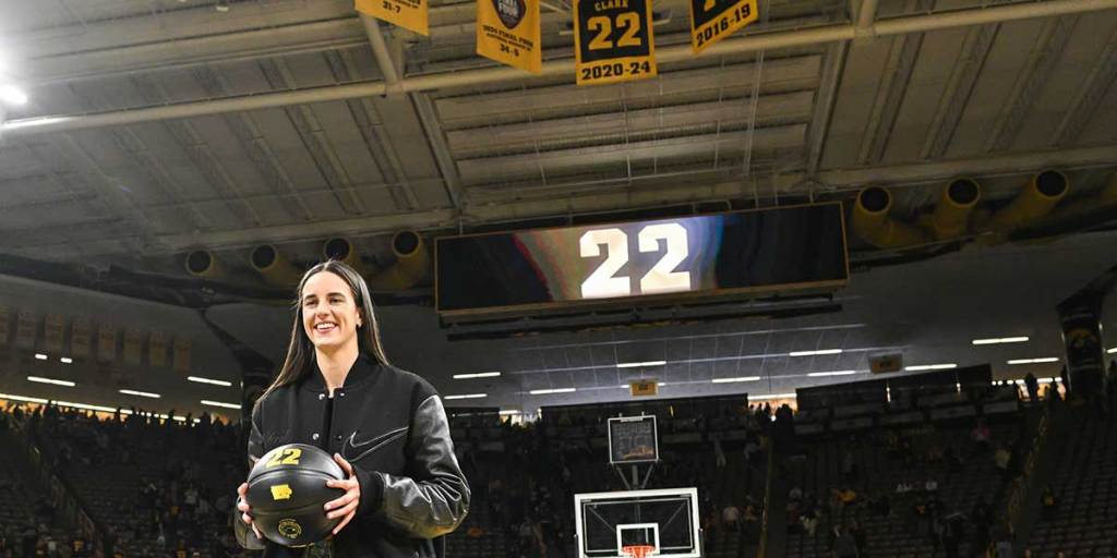 Former Iowa Hawkees Player Caitlin Clark looks after the game on Carver-Hawkeyes Arena against USC Trojans. Hawkeyes retired Clark's jersey after the game.