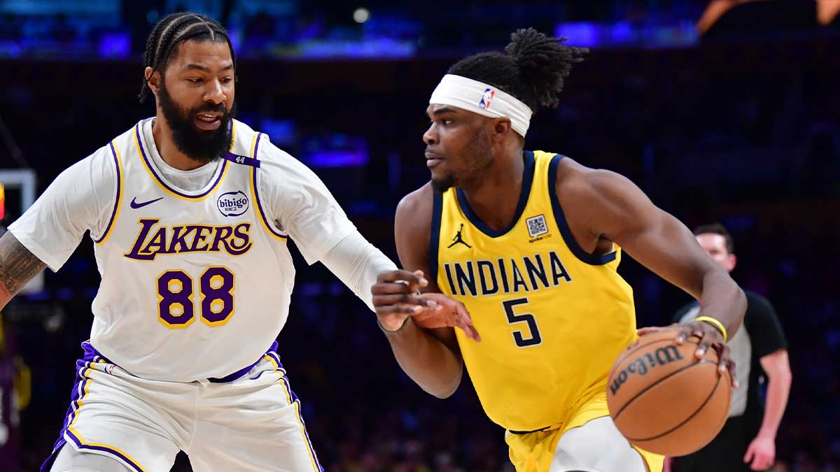 Indiana Pacers Next Jarace Walker (5) Moves the ball against Los Angeles Lakers Next Markieff Morris (88).