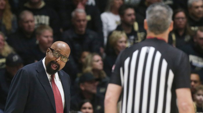 Indiana Hoosiers head coach Mike Woodson talks to an official Friday, Jan. 31, 2025, during the NCAA men’s basketball game against the Purdue Boilermakers at Mackey Arena in West Lafayette, Ind.