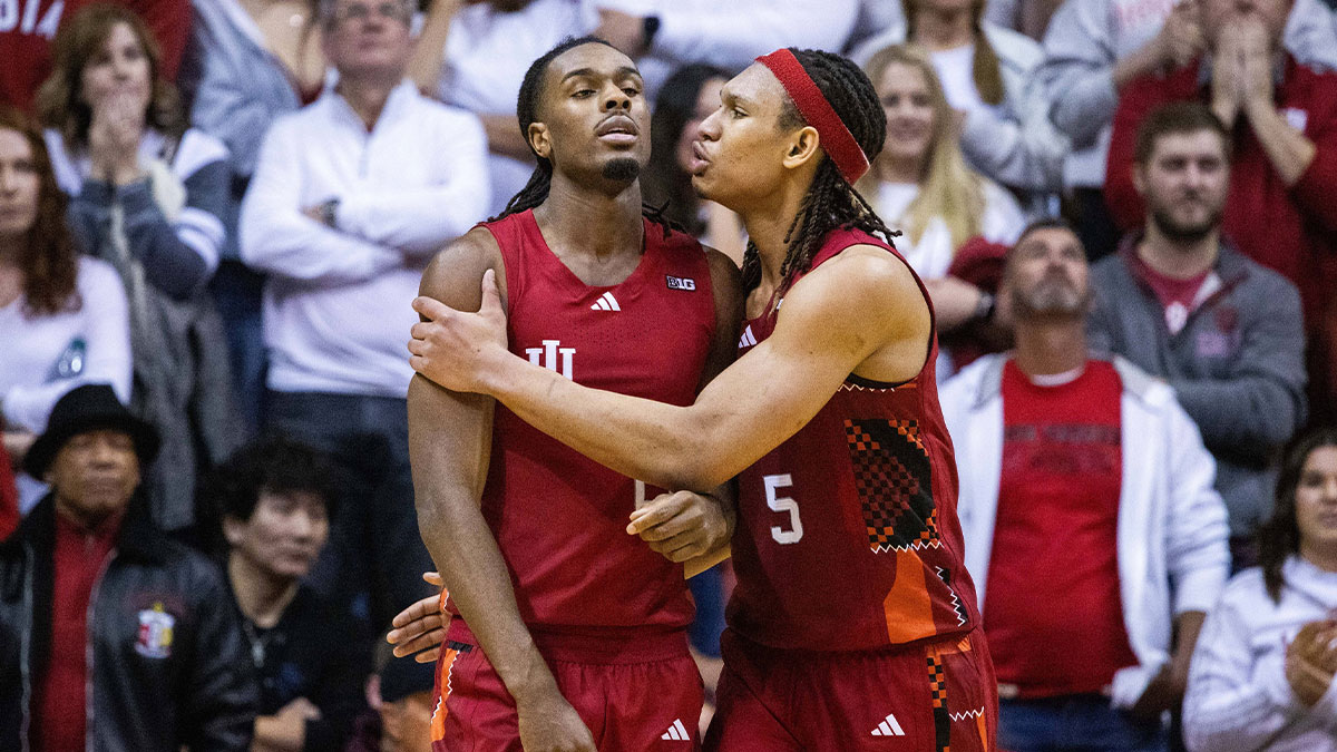 Indiana Hoosiers forward Malik Reneau (5) consoles forward Mackenzie Mgbako (21) after a missed shot at the end of the second half against the UCLA Bruins at Simon Skjodt Assembly Hall.