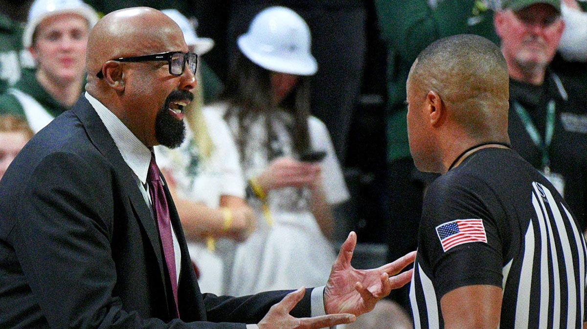 Indiana Hoosiers head coach Mike Woodson protests a call during the first half against the Michigan State Spartans at Jack Breslin Student Events Center