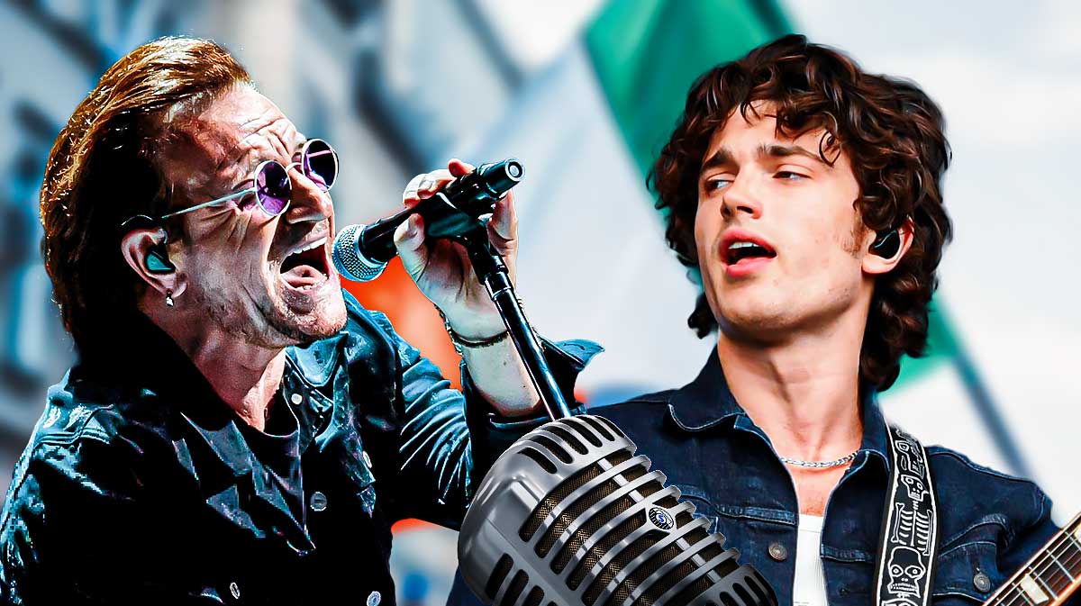 U2 singer Bono and the dad of Elijah Hewson of the band Inhaler with Dublin, Ireland, background.