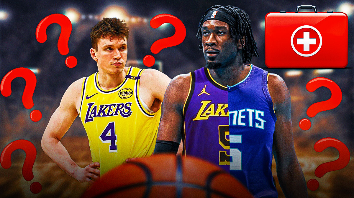 Mark Williams in a half Lakers/half Hornets jersey, Dalton Knecht, question marks and a first aid kit