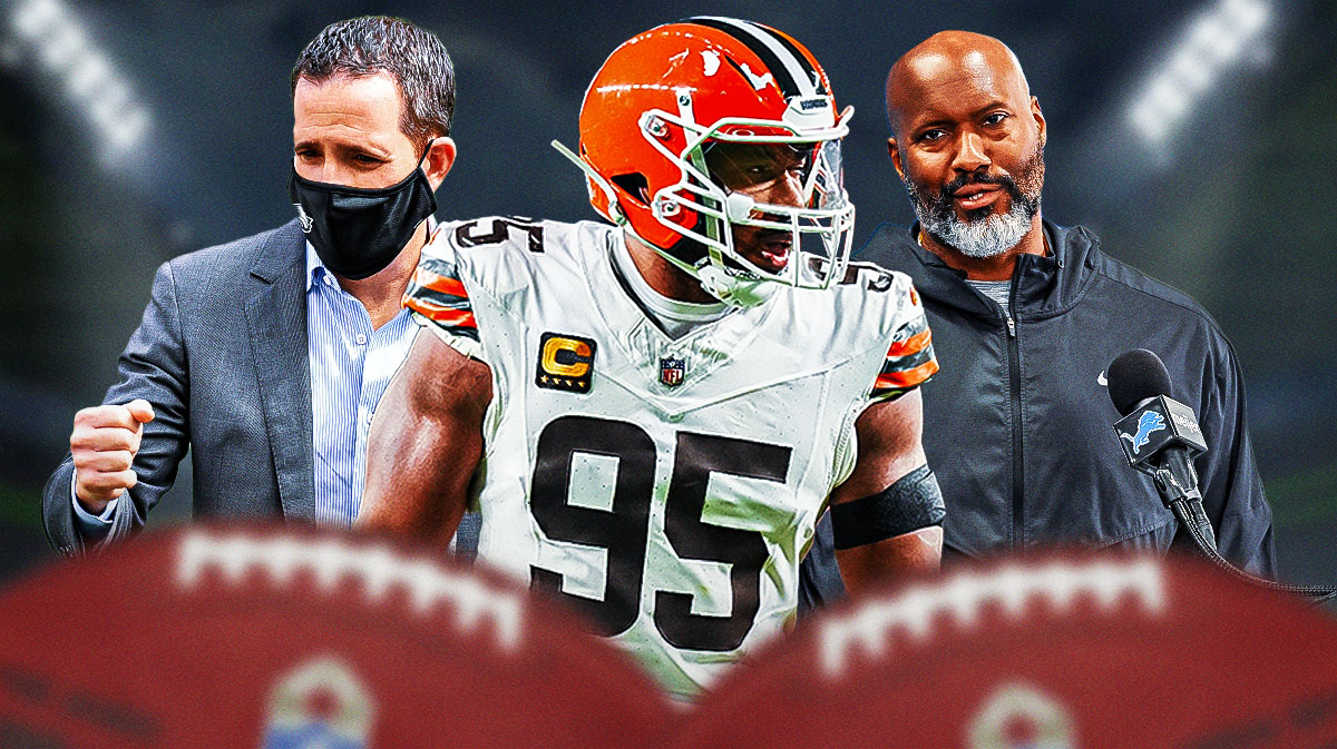 Browns Myles Garrett (front, center) with Eagles Howie Roseman (back left) and Lions Brad Holmes (back right) behind him