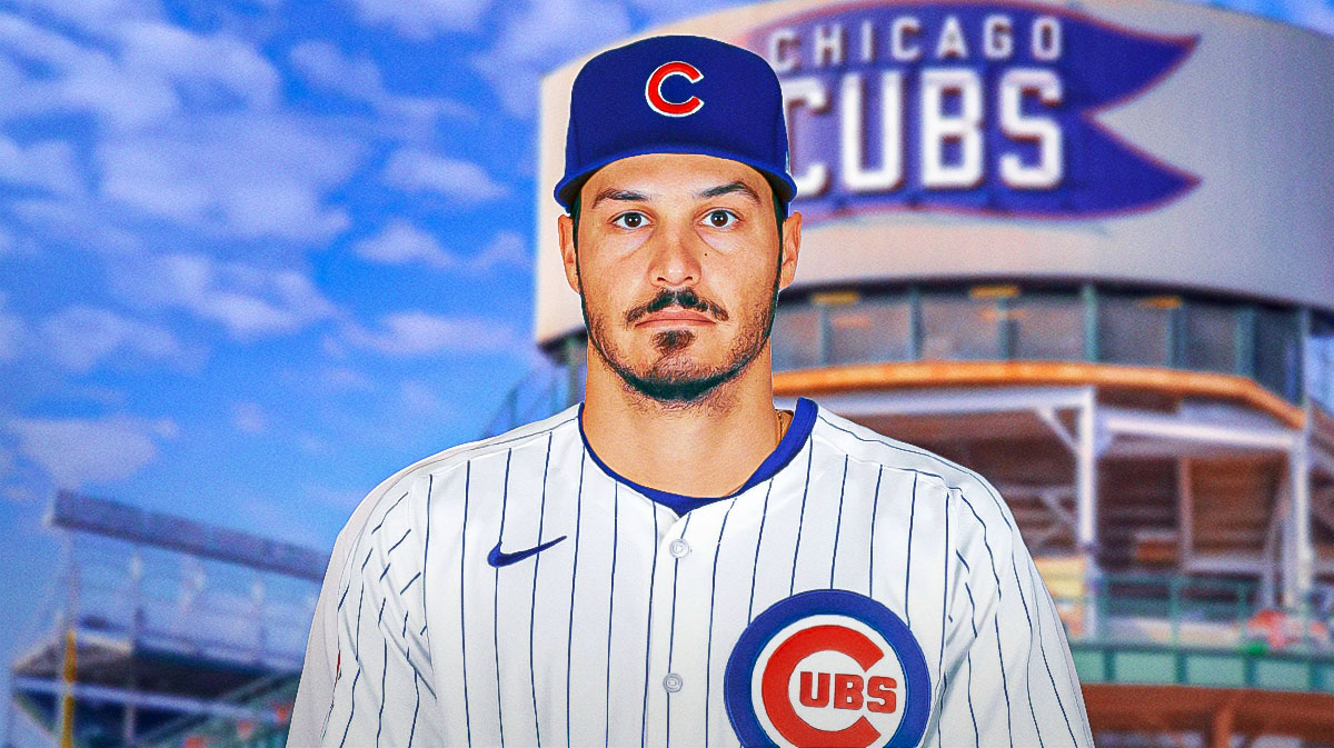 Nolan Arenado in a Cubs 2025 jersey with Wrigley Field in background.