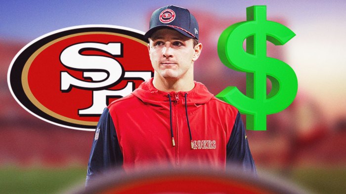 Brock Purdy in the center, with the 49ers logo and dollar sign in the background.