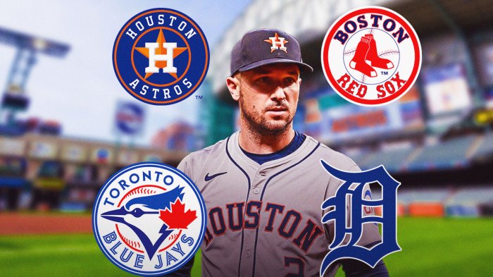 Third baseman Alex Bregman in center, Houston Astros logo on top left, Toronto Blue Jays logo on bottom left, Boston Red Sox logo on top right, Detroit Tigers logo on bottom right, Daikin Park (home stadium of the Houston Astros) in background