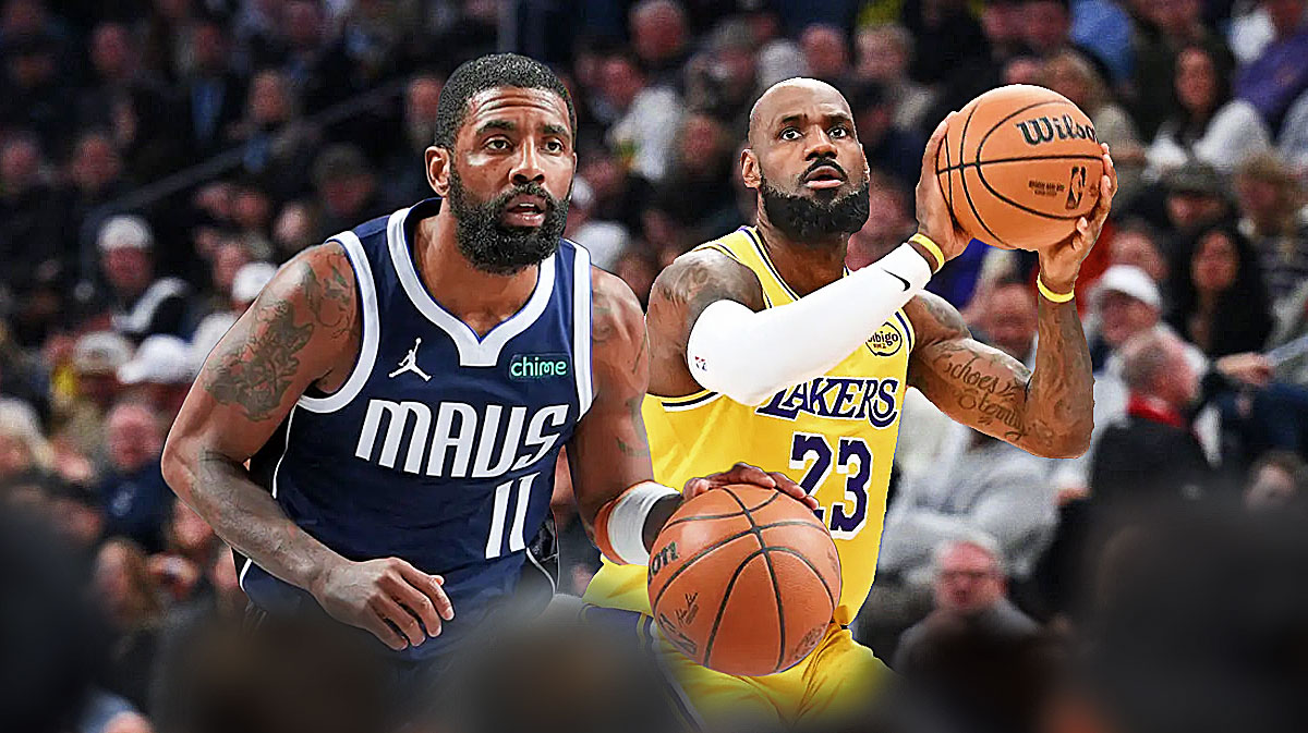 Mavericks Kyrie Irving and Lakers LeBron James both dribbling or shooting basketballs.
