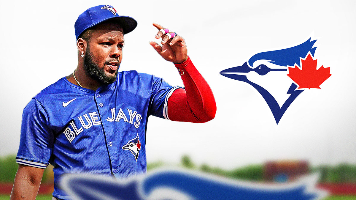 Toronto Blue Jays player Vladimir Guerrero Jr. and the Blue Jays logo