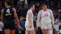 Iowa State women's basketball forward Addy Brown (24) and center Audi Crooks (55) reacts after losing 82-69 against TCU women's basketball in the Big-12 women’s basketball showdown.