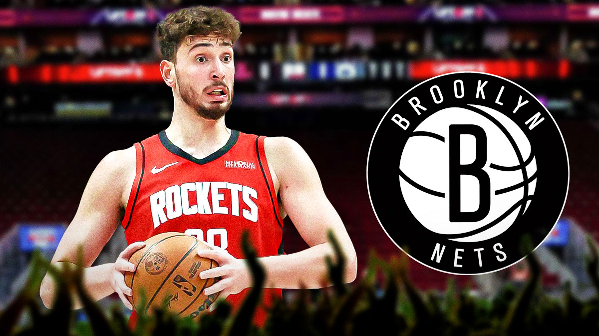 Rockets star Alperen Sengun, Nets, Toyota Center in back