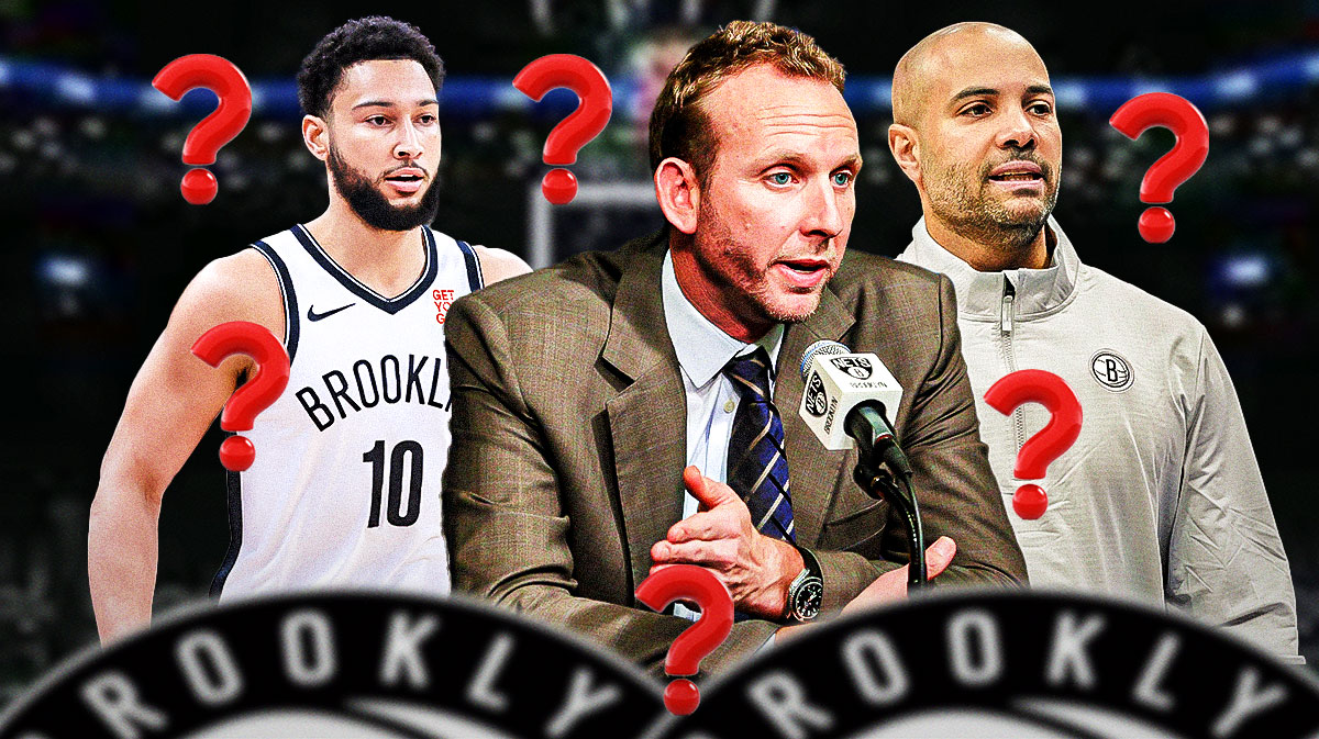 Ben Simmons on one side with Sean Marks and Jordi Fernandez on the other and question marks in the background