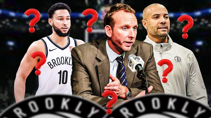 Ben Simmons on one side with Sean Marks and Jordi Fernandez on the other and question marks in the background