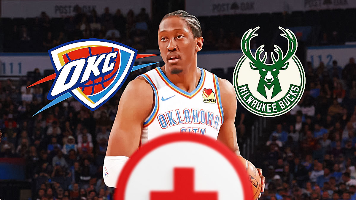Thunder All-Star Jalen Williams next to the Thunder and Bucks logos with the health symbol in the background