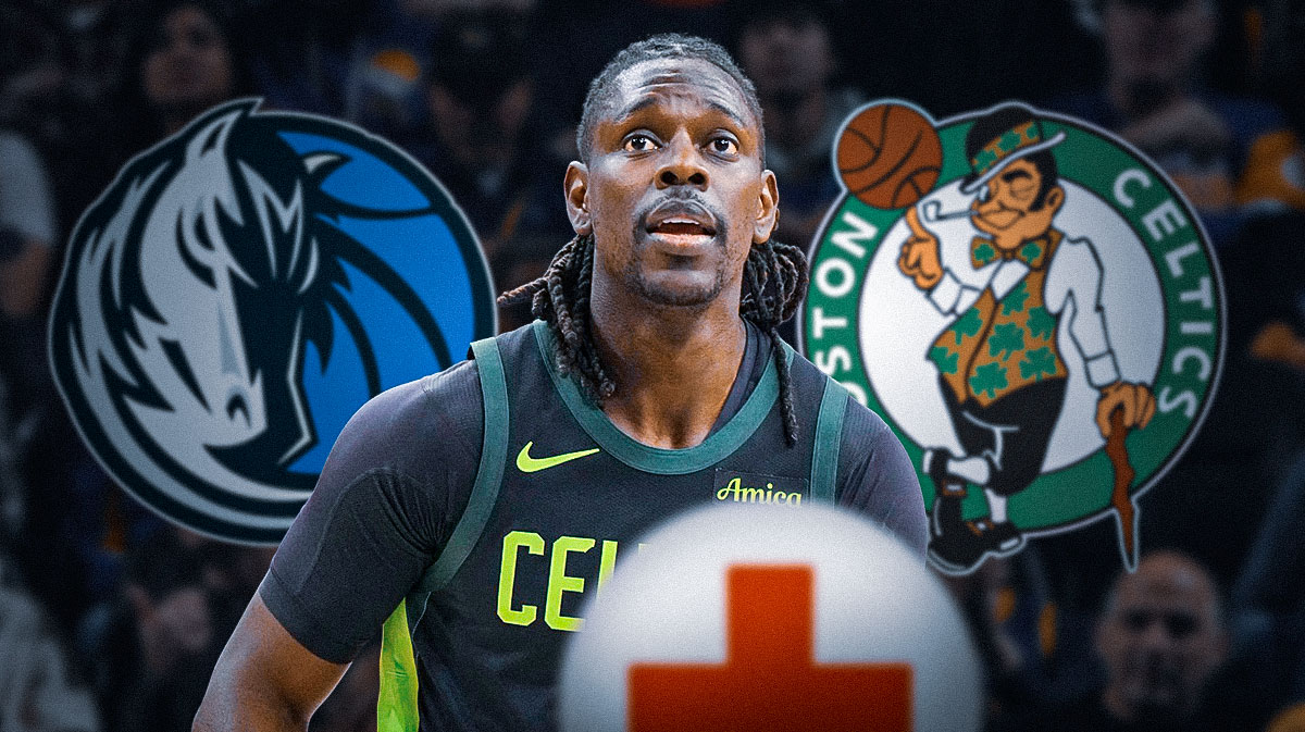 Jrue Holiday, Boston Celtics and Dallas Mavericks logos, injury symbols surrounding Holiday