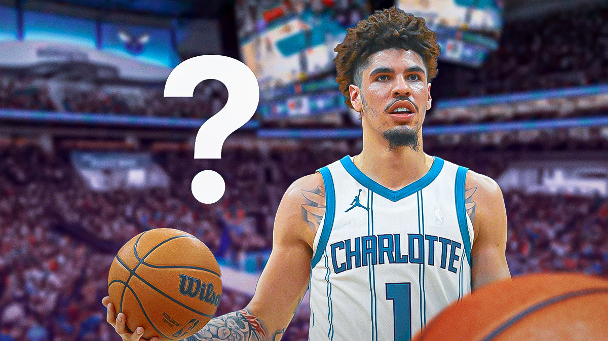 Hornets LaMelo Ball shooting a basketball on right. Place a question mark on left.