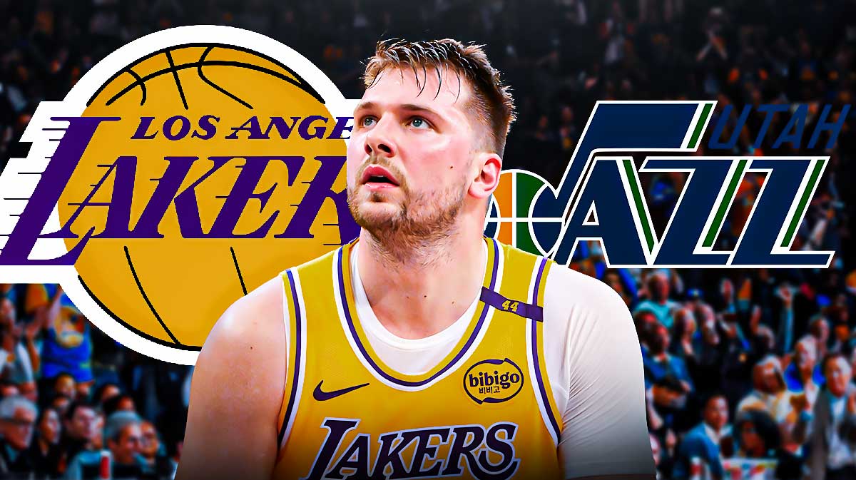 Lakers superstar Luka Doncic next to the Jazz logo with the Lakers logo and the health symbol in the background