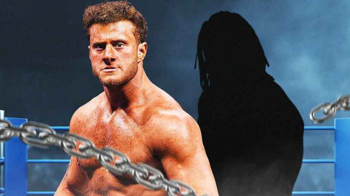 MJF next to the blacked-out silhouette of Booker T in an AEW ring.