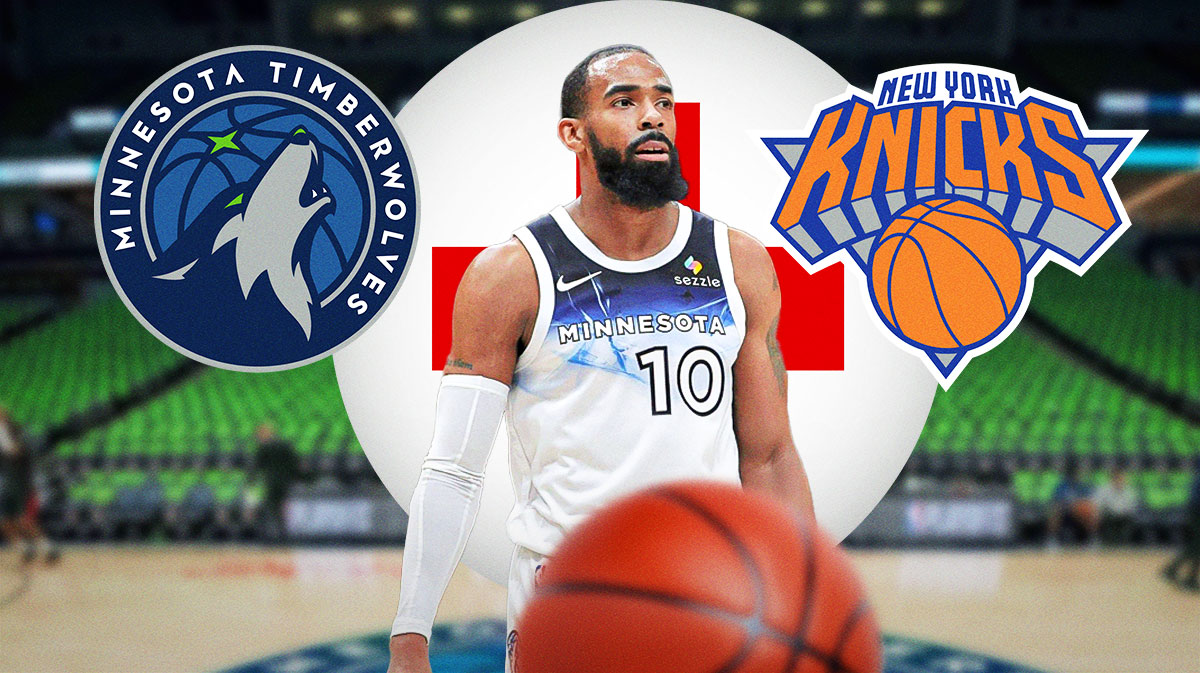 Timberwolves point guard Mike Conley with the Timberwolves and Knicks logos next to him and the health logo in the background. Is Mike Conley playing tonight