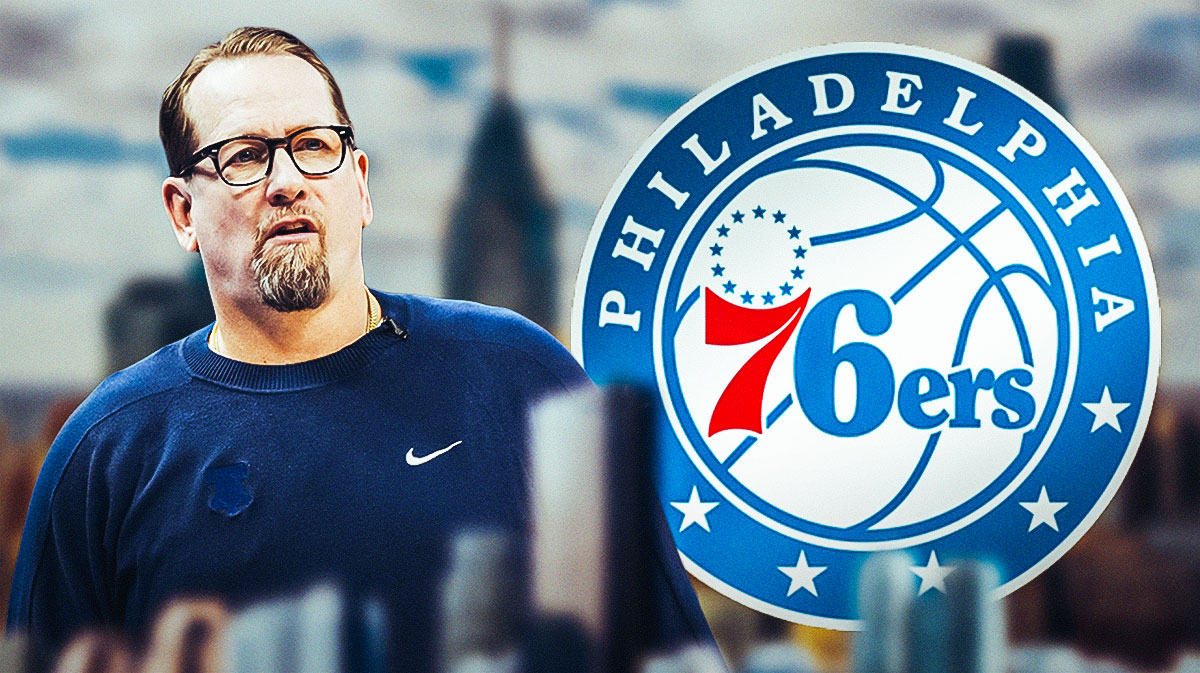 76ers head coach Nick Nurse next to the 76ers logo with the Philadephia skyline in the background