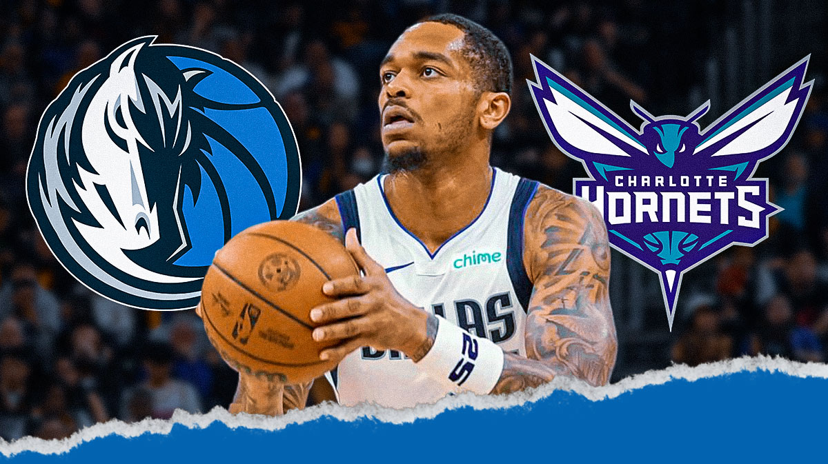 Mavericks PJ Washington shooting a basketball with the Charlotte Hornets and Dallas Mavericks 2024-25 logos in background.