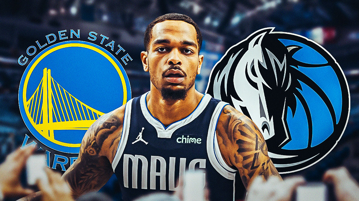 Mavericks PJ Washington in front looking serious. In background, Golden State Warriors and Dallas Mavericks 2024-25 logos.