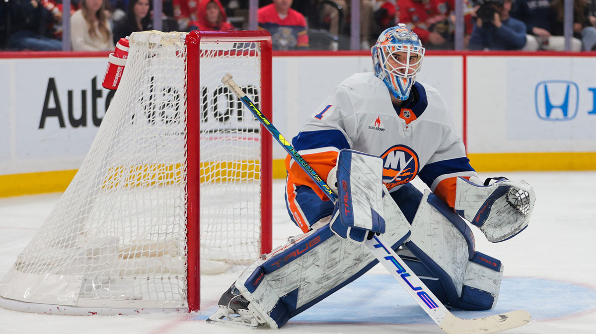 New York Islanders goaltender Jakub Skarek (1) defends his net against the Florida Panthers during the second period at Amerant Bank Arena.