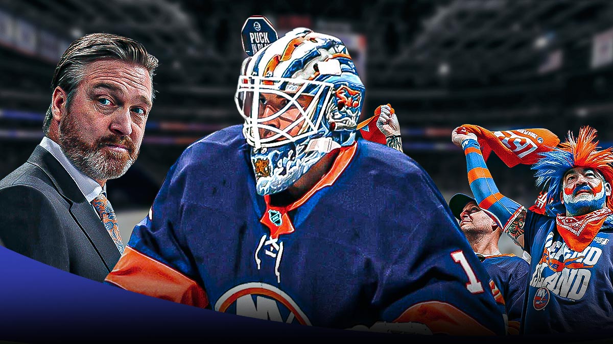 New York Islanders goalkeeper Jakub Skarek in center, New York Islanders head coach Patrick Roy on left side, New York Islanders fans celebrating on right side, Amerant Bank Arena (home arena of the Florida Panthers) in background