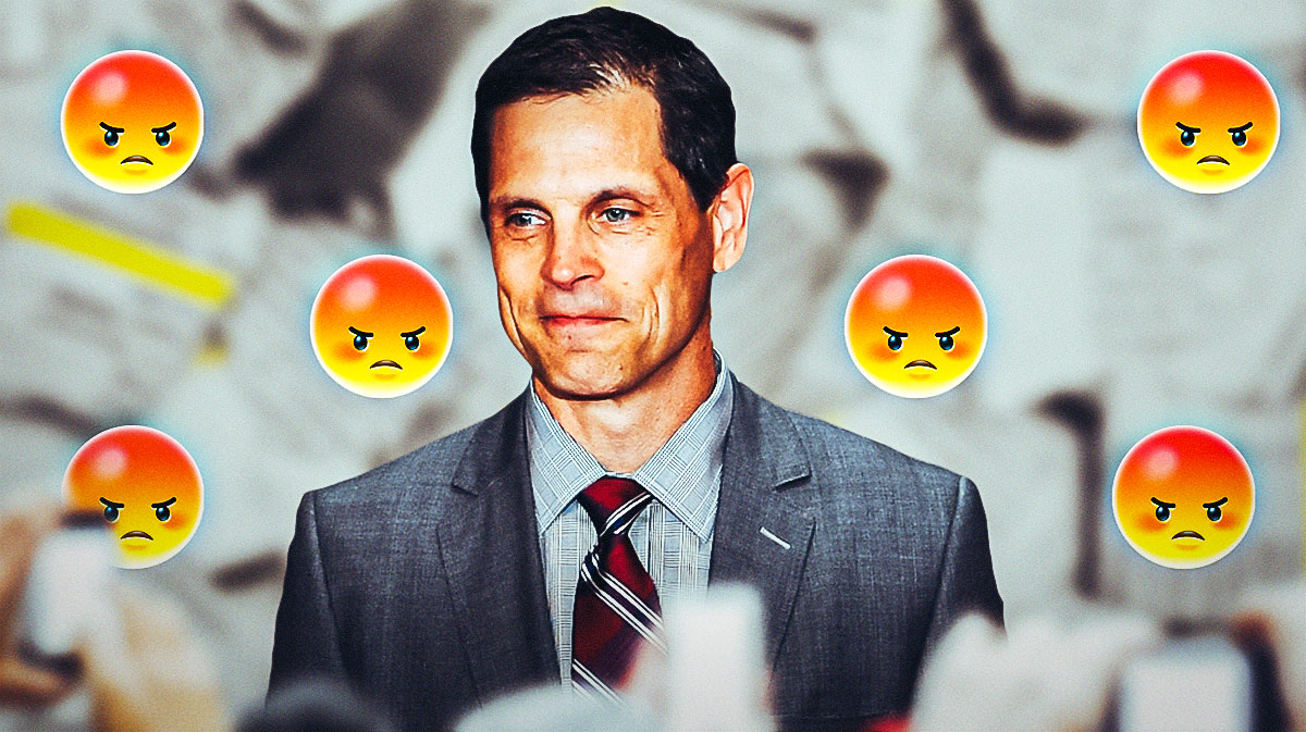 A newspaper as the background, Don Sweeney on one side, a bunch of Boston Bruins fans on the other side with angry emojis around them. NHL trade deadline