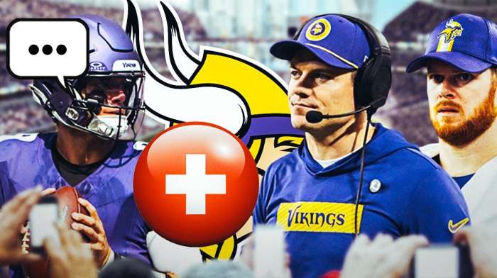 Minnesota Vikings QB JJ McCarthy with an injury symbol and a speech bubble that has the three dots emoji inside. He is next to Vikings head coach Kevin O'Connell and QB Sam Darnold. There is also a logo for the Minnesota Vikings.