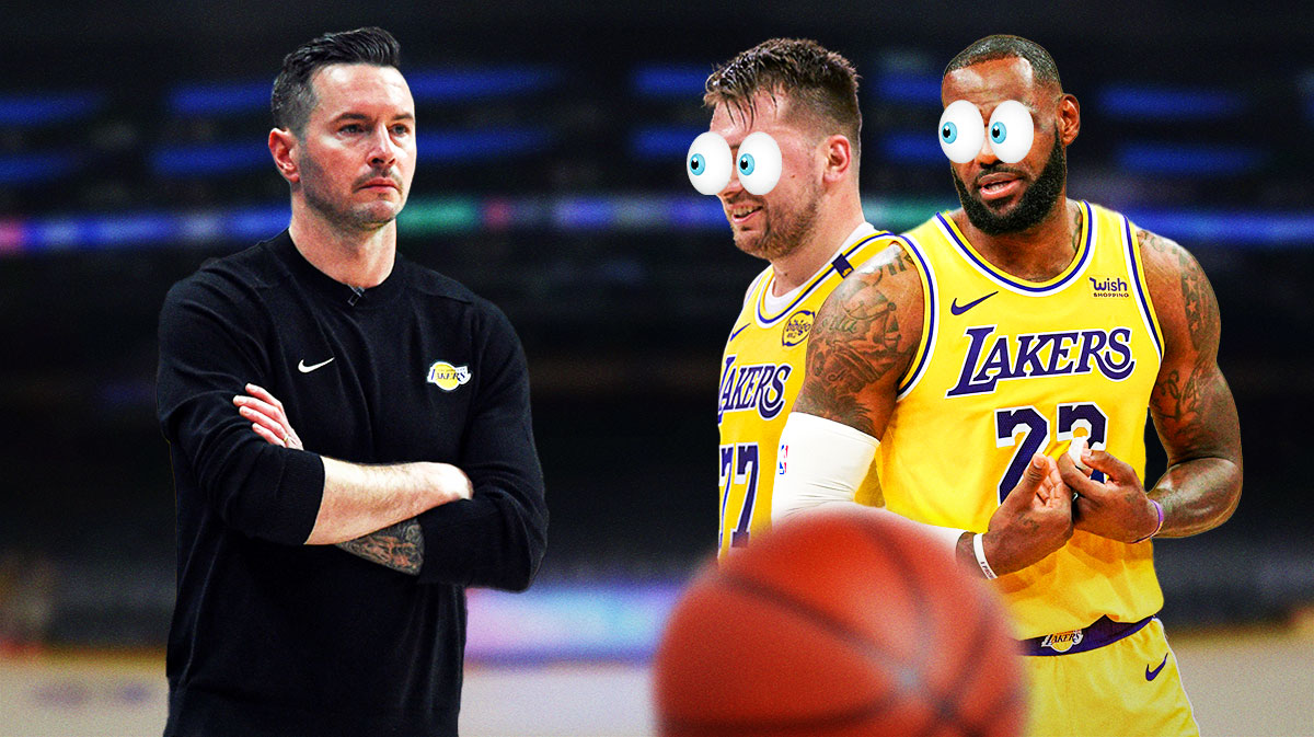 JJ Redick on one side, LeBron James and Luka Doncic on the other side with the big eyes emoji over their faces