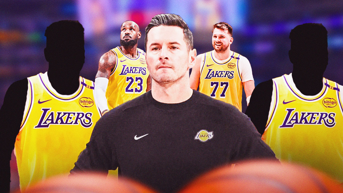 jj redick, luka doncic,lebron james with lakers silhouette players